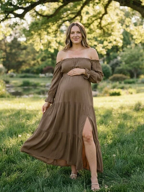 Momyknows Off Shoulder Side Slit Backless Ruched Maternity Photoshoot Midi Dress - Coffee - 2