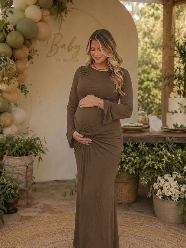 Momyknows Elegant Brown A-Line Ruched Baby Shower Maternity Maxi Dress
