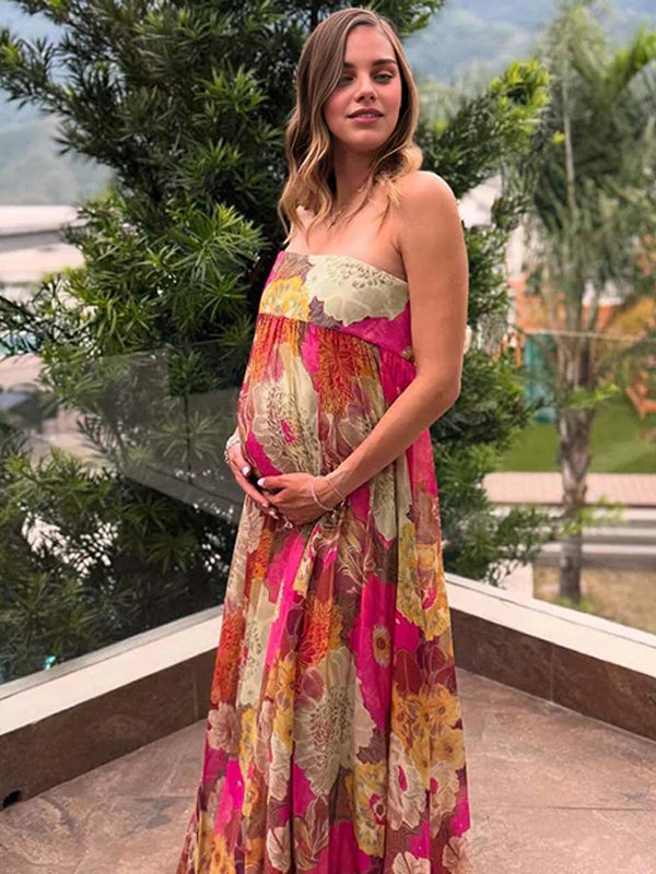 Momyknows Flower Color Open Back Stamp Duty Maternity Photoshoot Maxi Dress