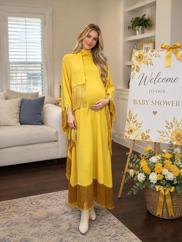 Yellow Baby Shower Maxi Dress with Batwing Sleeves and Decorative Ribbon Tassels and Relaxed Fit