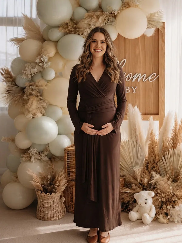 Brown Splicing Ruffle Maternity Dress with High-Waisted V-Neck Design and Flattering Fit, Baby Shower