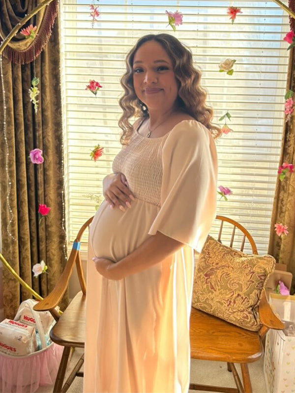 Momyknows Smocked Falbala Crushed Flower Daily Going out Maternity Photoshoot Midi Dress