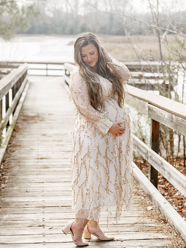 Momyknows Apricot Sequin Tassel Tulle Ruched Cross Chest Multi Way Tie Back V-neck Elegant Boho Photoshoot Maternity Maxi Dress Momyknows Apricot Sequin Tassel Tulle Ruched Cross Chest Multi Way Tie Back V-neck Elegant Boho Photoshoot Maternity Maxi Dress