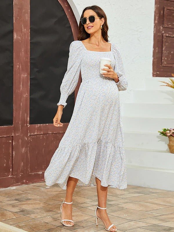 Momyknows Chiffon Floral Print Ruffle High Waist Boutique Holiday Sweet Maternity Maxi Dress