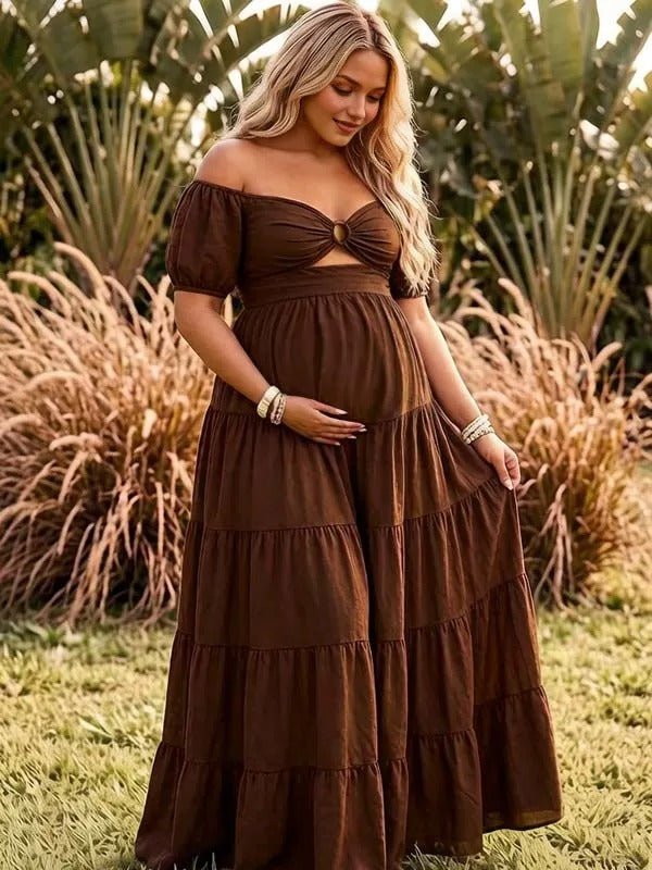 Momyknows Brown Ruffle Midriff Off Shoulder Tiered Skirt Maternity Photoshoot Maxi Dress - Brown - 2
