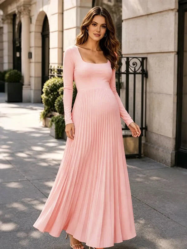 Momyknows Square Neck Long Sleeve Backless Pleated Photoshoot Maternity Maxi Dress