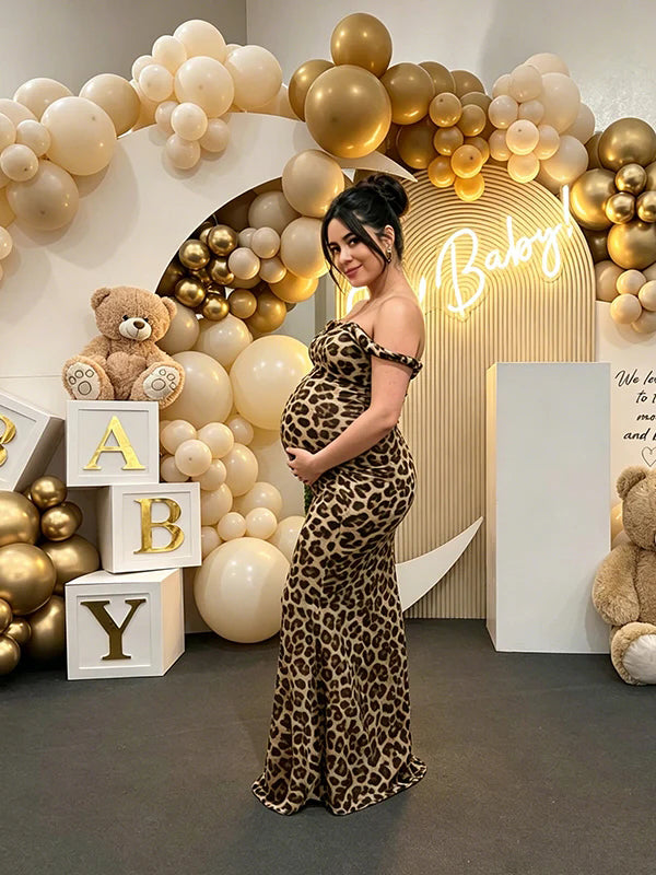Momyknows Cheetah Spaghetti Strap Homecoming Sleeveless Maternity Baby Shower Maxi Dress