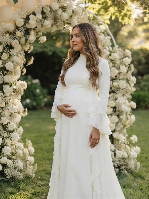 Momyknows White Ruffle Flare Sleeve Big Swing Sheer Maternity Baby Shower Maxi Dress - White - 2