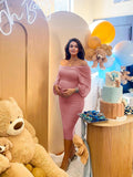 Momyknows Mesh Ruched Off Shoulder Lantern Sleeve Square Neck Bodycon Elegant Party Maternity Photoshoot Baby Shower Midi Dress