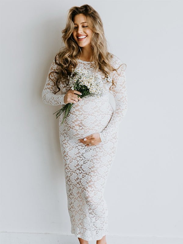 Momyknows White Lace Sheer Bodycon Elegant Cocktail Party Maternity Baby Shower Maxi Dress, White / XS