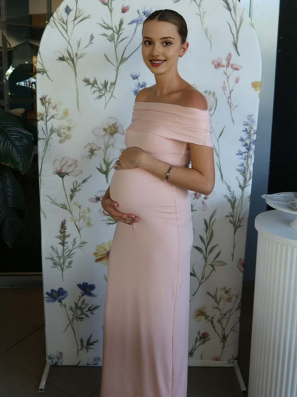 Momyknows Chic Pink Off Shoulder Bodycon Backless Baby Shower Maternity Maxi Dress