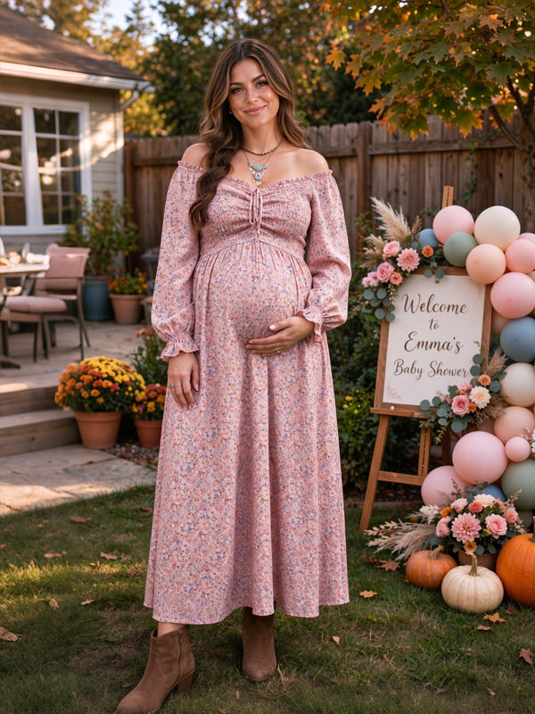 Pink Printed Maternity Maxi Dress with Puff Sleeves and Flattering Fit, Baby Shower Occasion