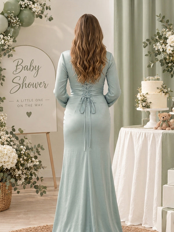Green Knot Ruched Patchwork Baby Shower Maternity Maxi Dress with Knot Ruched Patchwork & Ribbons
