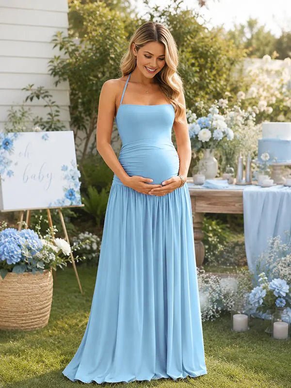 Momyknows Sweet Halter Neck Backless Lace Up Baby Shower Maternity Maxi Dress - Blue - 5