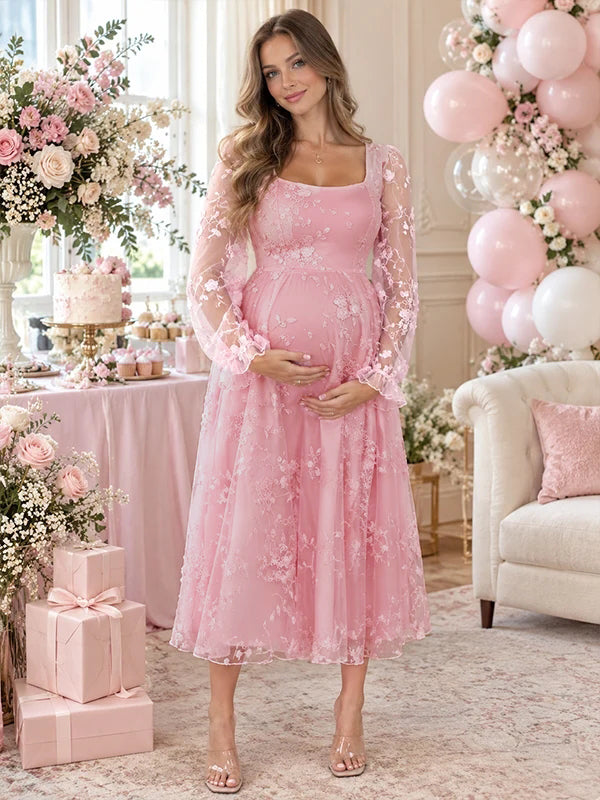 Grenadine Embroidery Sheer Baby Shower Maternity Midi Dress