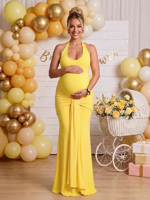 Momyknows Ruched Bowknot Draped Backless Halter Neck Bodycon Baby Shower Maternity Maxi Dress, Pink / M