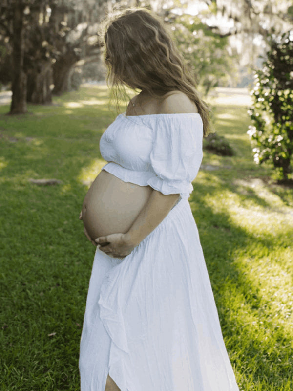 Momyknows Solid Color Off Shoulder Backless Ruffle Crop Side Slit 2-in-1 Photoshoot Maternity Maxi Dress