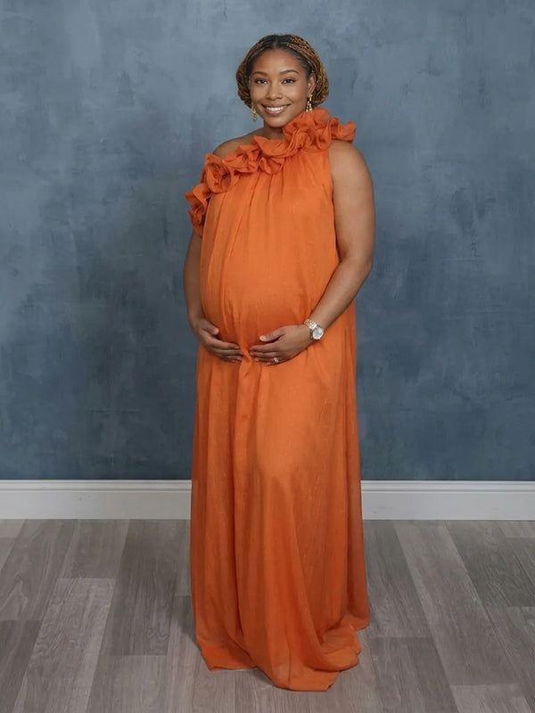 Momyknows Orange One-shoulder Wavy Edge Photoshoot Maternity Maxi Dress Orange / XL