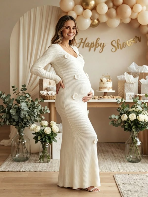 Momyknows V-neck Long Sleeve 3D Flower Crochet Babyshower Maternity Midi Dress - White - 2