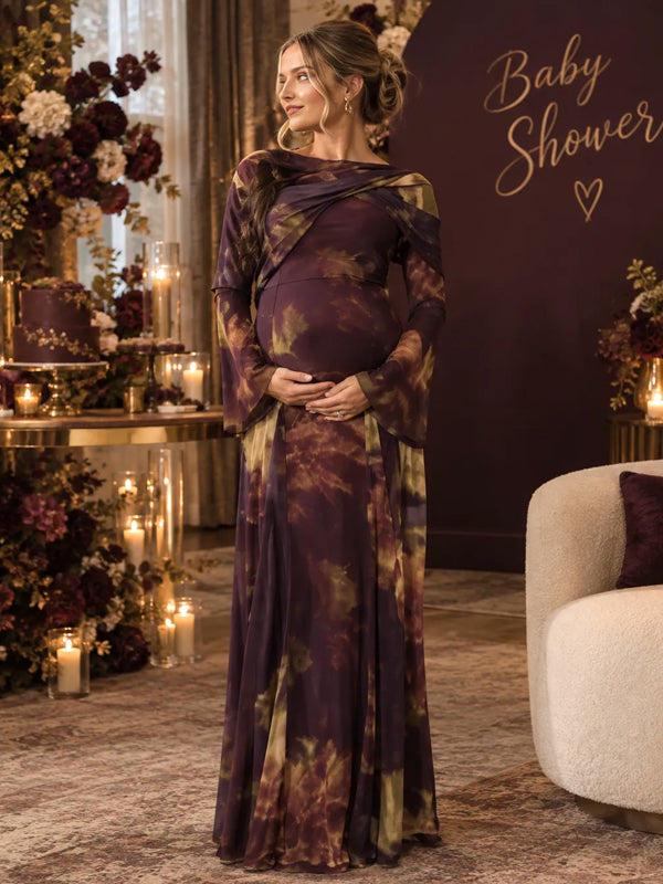 Coffle Elegant Ruched Maternity Maxi Dress with Print and Cape Detail