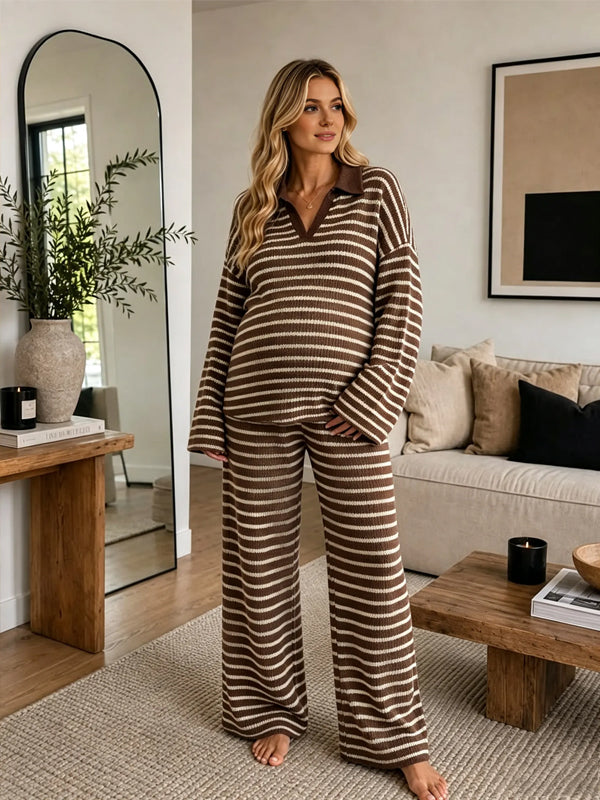 Brown Striped Maternity Two-Piece Set with Collared Design and Relaxed Fit, Casual Daily Wear