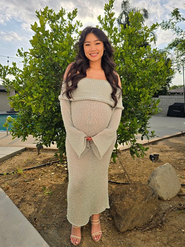 Momyknows Green Knit Off Shoulder Flare Sleeve Bodycon Elegant Going Out Maternity Photoshoot Maxi Sweater Dress