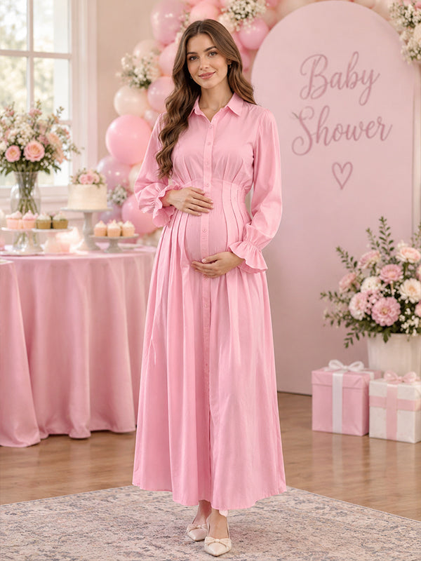 Pink Maternity Maxi Dress with Ruffle Details and Ruched Lace Up Design, Baby Shower Occasion