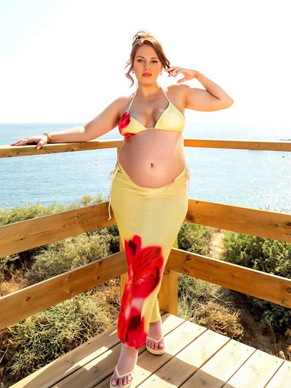 Momyknows Light Yellow 3 Pieces Flowers Bikini Maternity Swimwear