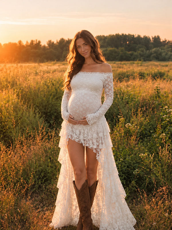 Off Shoulder Lace Maternity Top And Lace Irregular Skirt