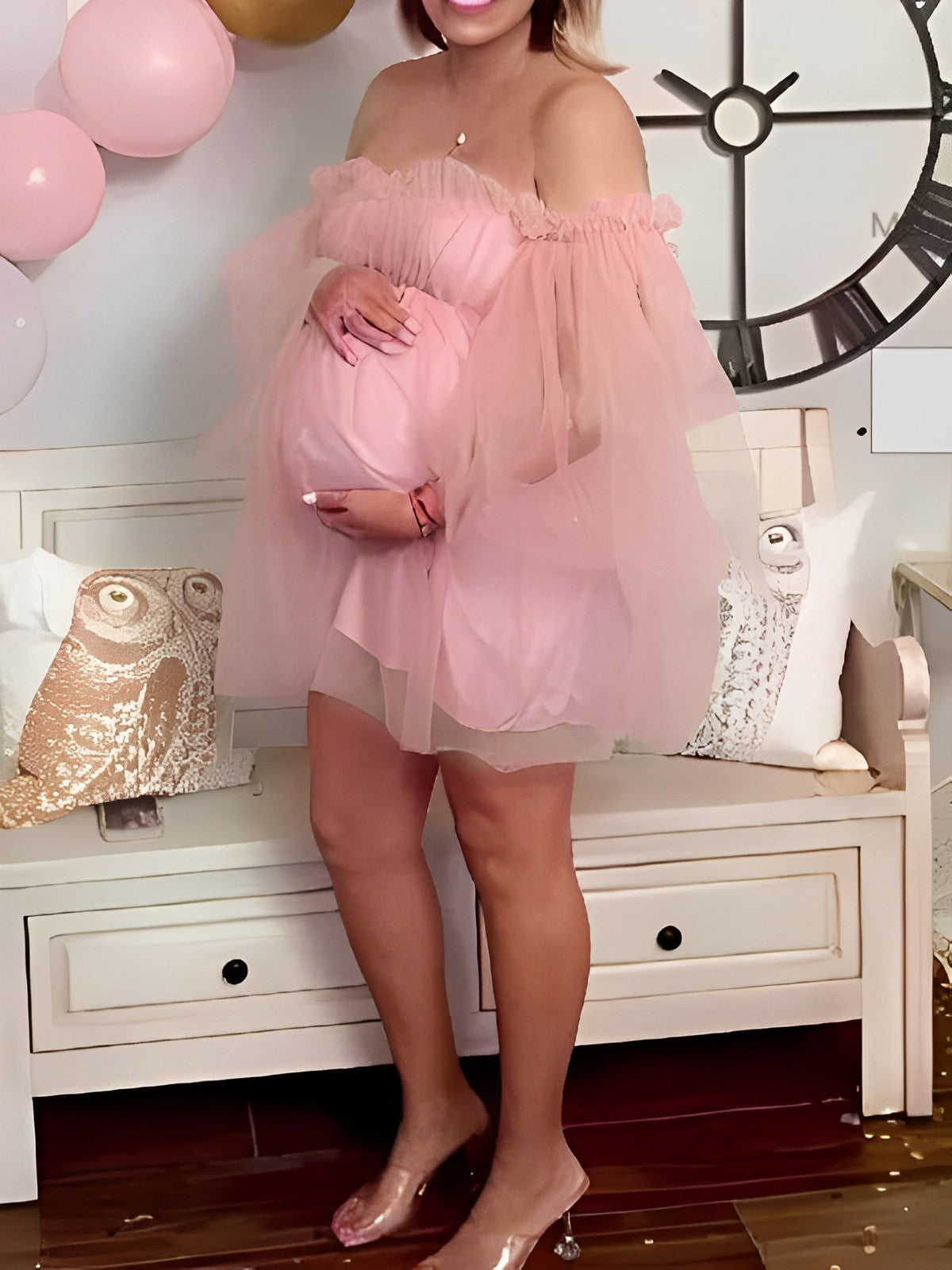 Momyknows Grenadine Pink Off Shoulder Ruffle Tulle Tutu Plus Size Baby Shower Maternity Mini Dress