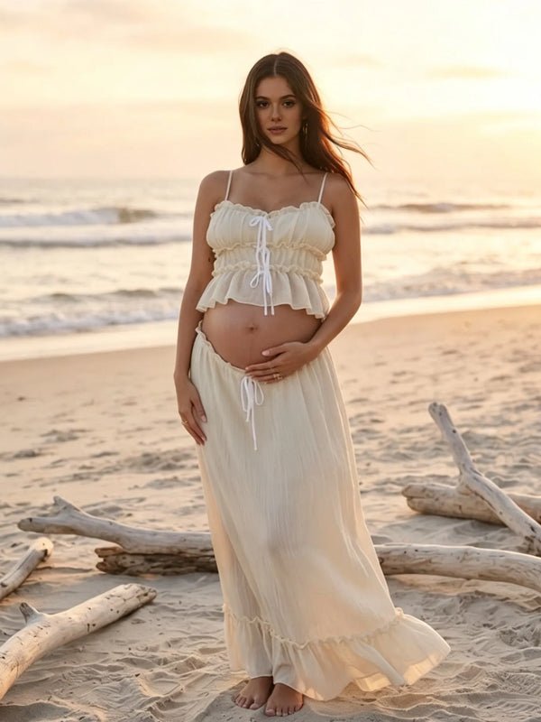 Momyknows Ivory-White Falbala Spaghetti Stra Drawstring 2-in-1 Fashion Bodycon Vacation Photoshoot Maternity Maxi Dress - Ivory-White - 4