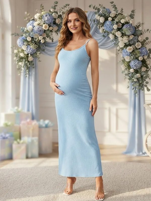 Momyknows Blue Spaghetti Strap Ribbon Bodycon Scarf Maternity Baby Shower Maxi Dress - Blue - 2