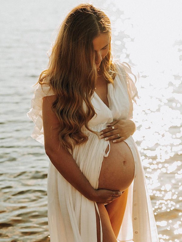 white dress for beach photoshoot Sexy Two-piece Lace Maternity Dress, White / S 30% linen Momyknows White Deep V Neck