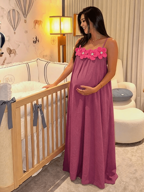 Momyknows Sweet Pink 3D Flowers Spaghetti Strap Maternity Maxi Dress - Pink - 2