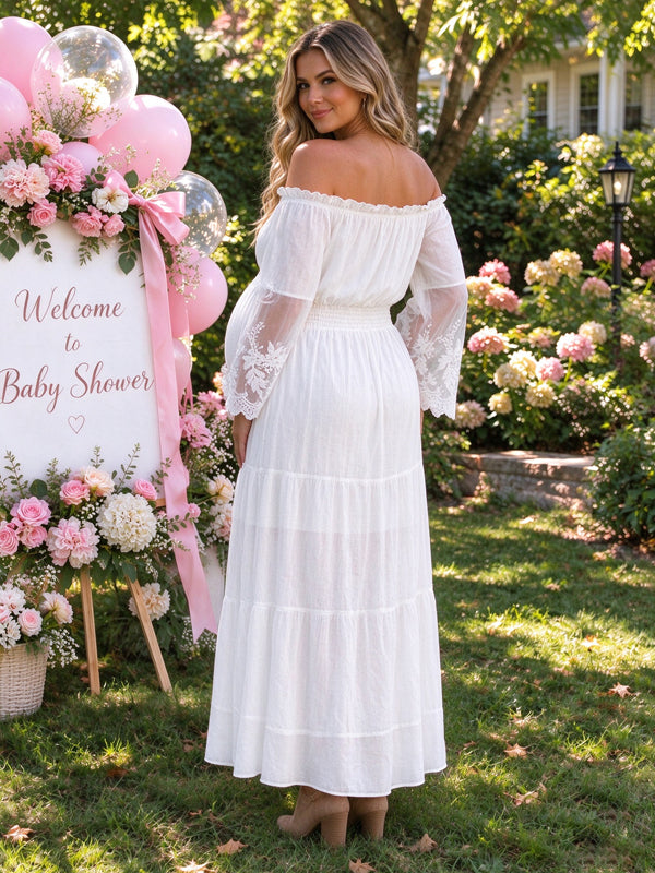 White Maternity Maxi Dress with Off-Shoulder Neckline and Lace Splicing Details and Elegant Silhouette