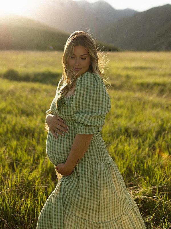 Momyknows Light Green Plaid Smocked Puff Sleeve Elegant Photoshoot Baby Shower Maternity Maxi Dress