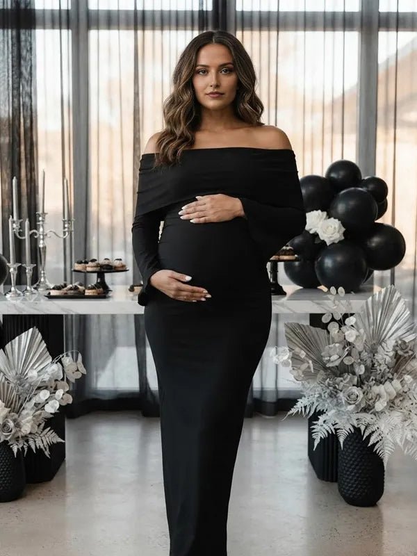 Momyknows Off Shoulder Side Slit Backless Flare Sleeve Ruched Maternity Baby Shower Maxi Dress - Black - 8