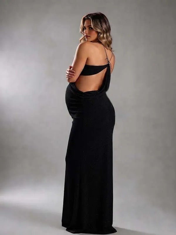Momyknows Black Sheer Ruffle Halter Neck Irregular Midriff Lace-up Maternity Photoshoot Maxi Dress - Black - 2