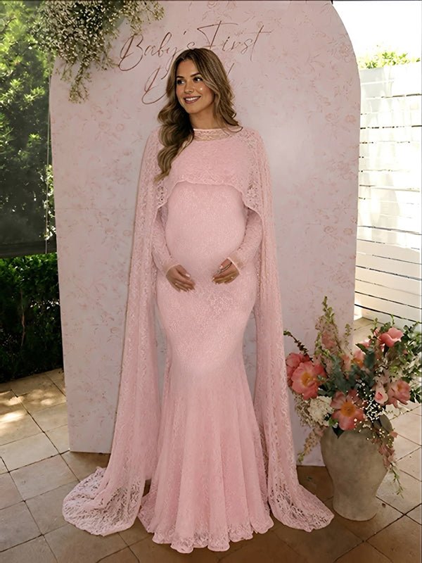 Momyknows Elegant Lace Cape Bodycon Baby Shower Maternity Maxi Dress - Pink - 1