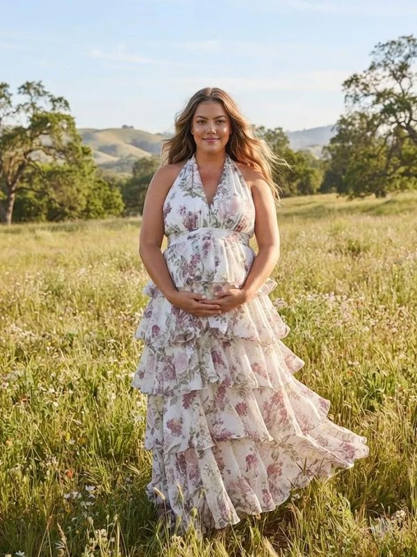 Momyknows White Print Halter Neck Backless Falbala Photoshoot Maternity Maxi Dress - White - 1