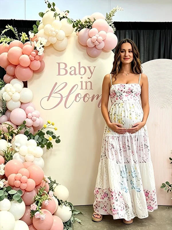 Momyknows Multicolor Smocked Print Lace Splicing Maternity Baby Shower Maxi Dress