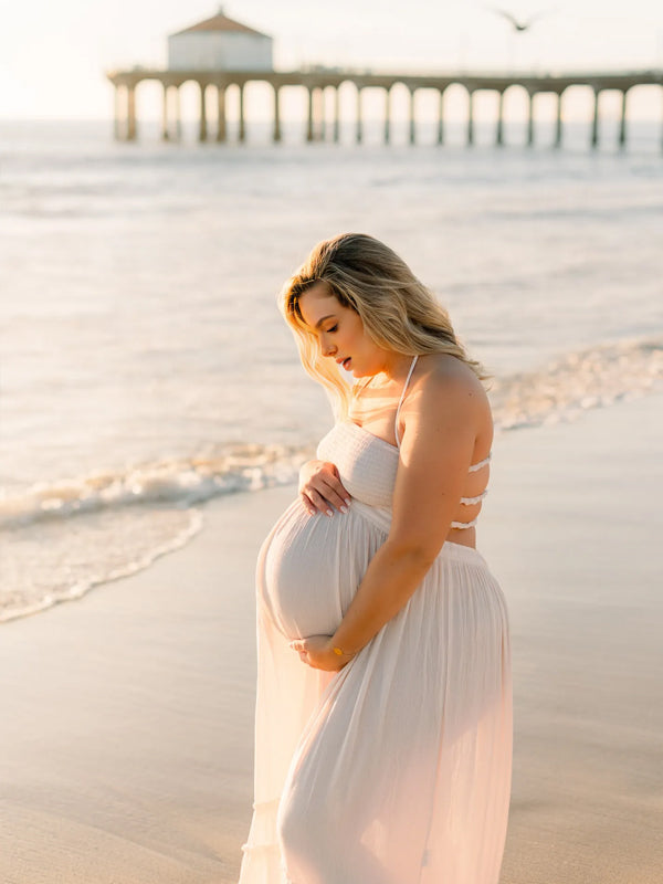 Momyknows White Halter Neck Backless A-Line Maternity  Photoshoot Maxi Dress