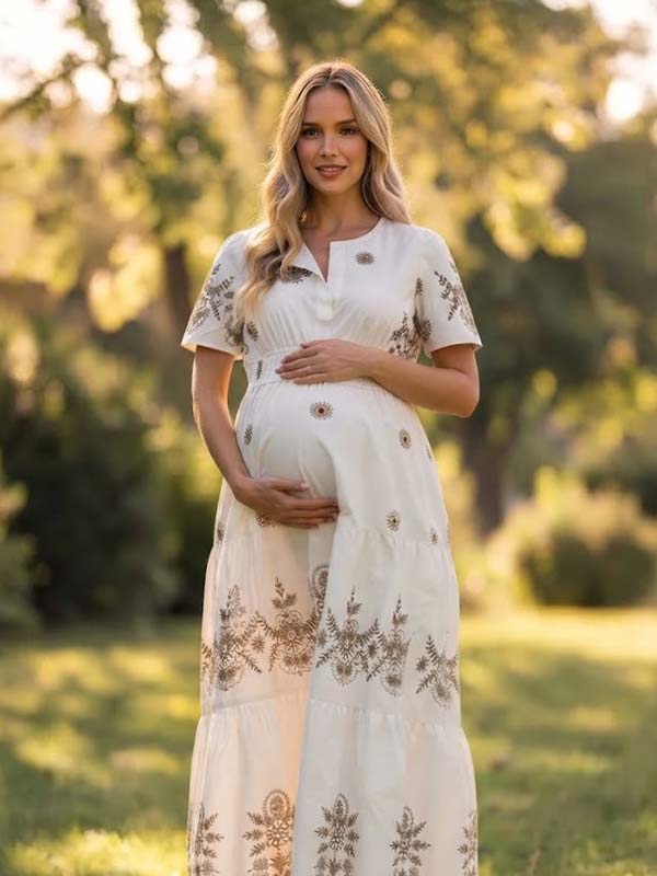 Momyknows White Ruffle Boho Tribal Print Maternity Photoshoot Maxi Dress - White - 2