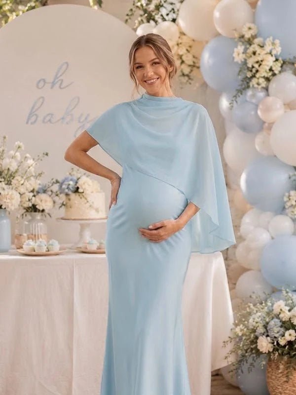 Momyknows Mermaid Spaghetti Straps Grenadine Cape 2-in-1 Baby Shower Maternity Maxi Dress - Blue - 3