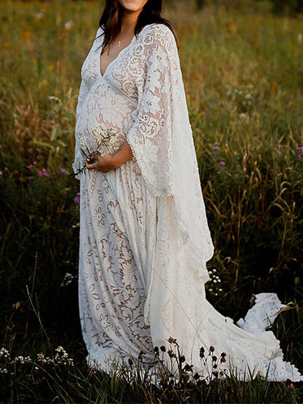 Momyknows Floral Lace Backless Boho Baby Shower Flare Sleeve Pregnant Maternity Photoshoot Maxi Dress