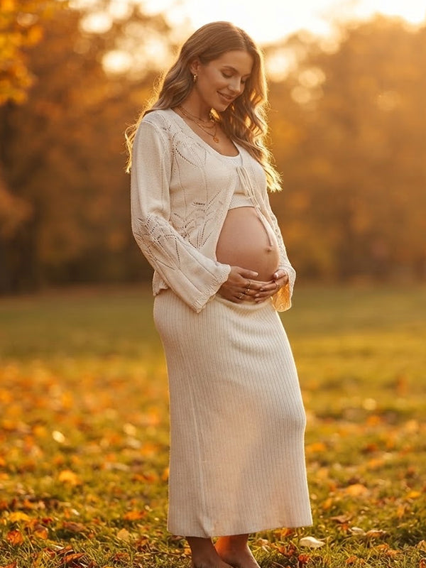 Apricot Crochet Maternity Top with Flare Sleeve Detail and Lace Up Front