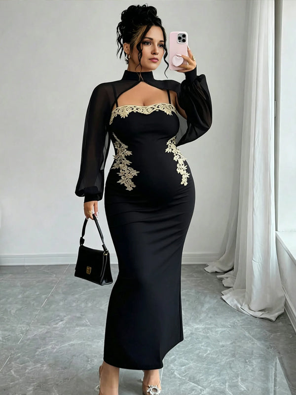 Black Embroidered Tulle Plus Size Maternity Dress with Bodycon Fit, Photoshoot
