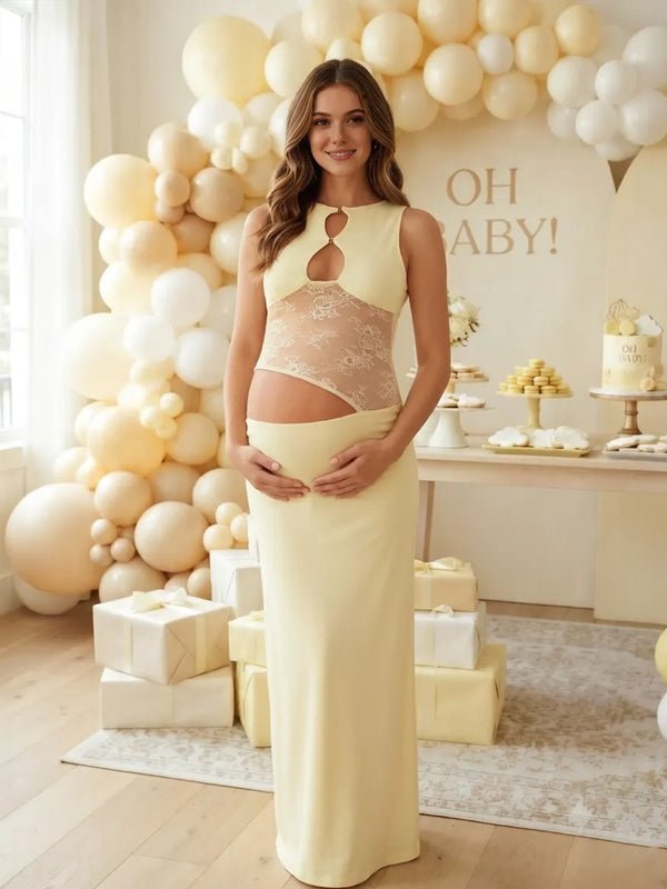 Momyknows Lace Print Cut Out Backless Solid Color Maternity Baby Shower Maxi Dress - Yellow - 3