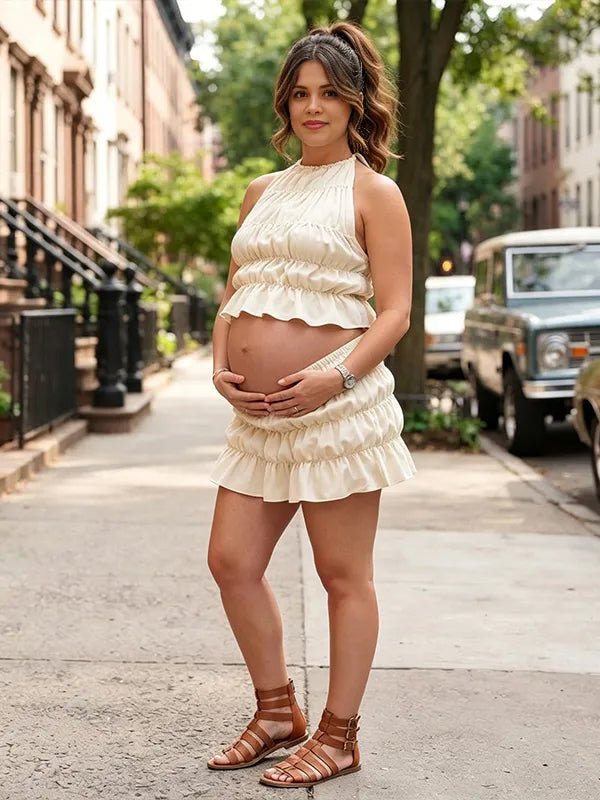 Momyknows 2-in-1 Open Back Halter Neck Ruched Lace-Up Maternity Photoshoot Suit - White - 1