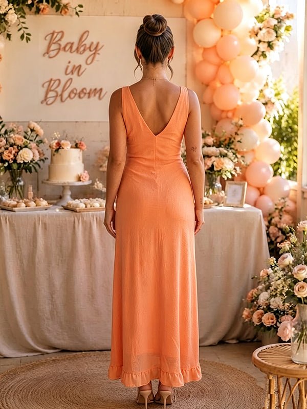 Momyknows Open Back Bodycon High Waist Deep V Side Slit Irregular Maternity Baby Shower Maxi Dress - Orange - 3